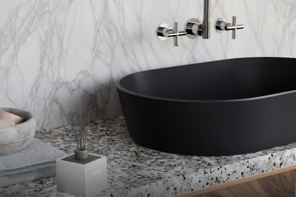 Modern matte-black bathroom vanity and sink fixtures